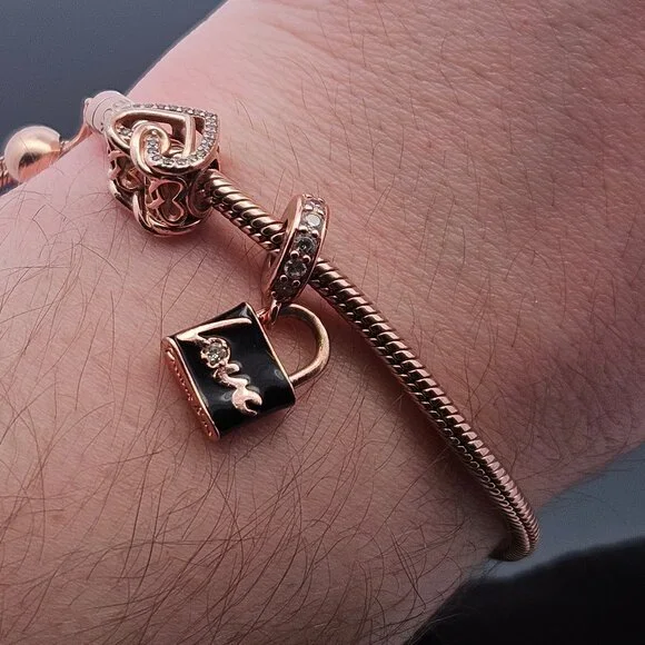 MET Pandora Rose Tone Charm Bracelet Love Padlock Entwined Hearts Beads - Picture 1 of 11